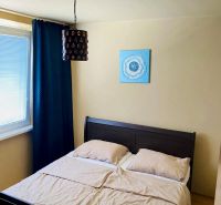 Prenajom 2,5-izbový byt v Karlovej Vsi – 48 m², výhľad do Líščieho - Spálňa v 2-izbovom byte s veľkou posteľou, obrazom a závesom.