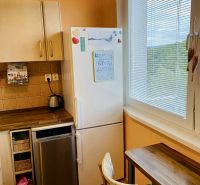 Prenajom 2,5-izbový byt v Karlovej Vsi – 48 m², výhľad do Líščieho - Kuchyňa v 2-izbovom byte s dreveným dekórom, svetlým nábytkom a oknom.