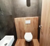 Rodinný dom novostavba na predaj Kláštor pod Znievom  - Kúpeľňa v rodinnom dome s WC a podlahou s dreveným dekorom.