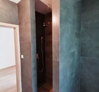 Rodinný dom novostavba na predaj Kláštor pod Znievom  - Kúpeľňa v rodinnom dome s tmavými obkladačkami a podlahou s dreveným dekorom.