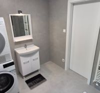 Na prenájom kompletne prerob. NOVÝ 2 izbový byt čiast.zar. Nové Zámky - Kúpeľňa so sušičkou a práčkou v 2-izbovom byte, šedé obklady.