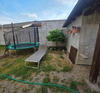 Rodinný dom v obci Malé Leváre  - Záhrada rodinného domu v Malých Levároch s trampolínou a lehátkom.