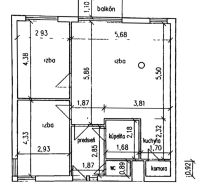  | 3 izbový byt o výmere 73m2 + balkón - Pôdorys 3-izbového bytu s dvoma izbami, kuchyňou, kúpeľňou, WC a balkónom.