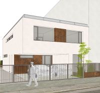 Výnimočná adresa na Nivách – dom s projektom a stavebným povolením - Vizualizácia rodinného domu na Líščích nivách v Bratislave, s modernou architektúrou a plotom.