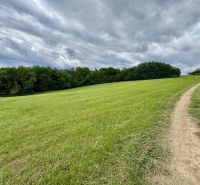 PREDAJ: rekreačný pozemok 564 m2;Bardejov-Zlaté; 39.900 € - Trávnatý pozemok s cestou na rekreačných pozemkoch v Bardejove pod zamračenou oblohou.