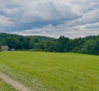 PREDAJ: rekreačný pozemok 564 m2;Bardejov-Zlaté; 39.900 € - Zelené Rekreačné pozemky v Bardejove s lesom a domom v pozadí.