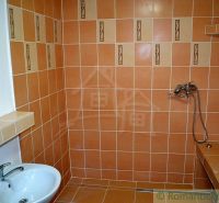 Dom so zrekonštruovaným interiérom - Varadka - Kúpeľňa v rodinnom dome s oranžovými obkladačkami a bielym umývadlom.