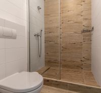 - Na predaj exkluzívny 4-izbový mezonet s veľkou terasou - Kúpeľňa so sprchovým kútom a podlahou s dreveným dekorom v 4-izbovom byte.