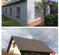 2 budovy v centre Komárna na predaj! - Rodinný dom v Komárne s bielou a zelenou fasádou, šikmé strechy.