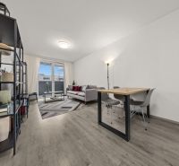 NA PREDAJ: 3-izbový apartmán, MATADORKA, Bratislava - Petržalka - Obývačka v 3-izbovom byte s podlahou s dreveným dekorom, sedačkou a jedálenským stolom.