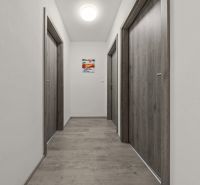 NA PREDAJ: 3-izbový apartmán, MATADORKA, Bratislava - Petržalka - Úzka chodba s podlahou s dreveným dekorom a tromi dverami v 3-izbovom byte.