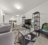 NA PREDAJ: 3-izbový apartmán, MATADORKA, Bratislava - Petržalka - Obývacia izba v 3-izbovom byte s gaučom, policami, sklom a podlahou s dreveným dekorom.