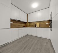 NA PREDAJ: 3-izbový apartmán, MATADORKA, Bratislava - Petržalka - Kuchyňa v 3-izbovom byte s bielymi skriňami, dreveným dekorom a LED osvetlením.