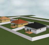 Na predaj 3 stavebné pozemky v centre obce Jasová - Trio rodinných domov s rôznou farbou striech na pozemkoch v Jasovej.