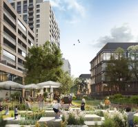 DOWNTOWN YARDS - 3i byt do vnútrobloku, blok A - Obytný komplex na Košickej ulici v Bratislave - Nivy, s kaviarňou a ľuďmi v parku.