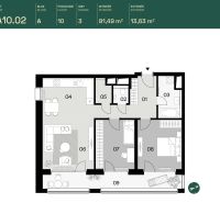 DOWNTOWN YARDS - 3i byt do vnútrobloku, blok A - Pôdorys 3-izbového bytu s obývačkou, kuchyňou, kúpeľňou a balkónom.