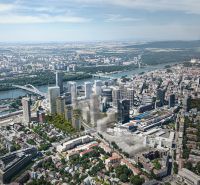 DOWNTOWN YARDS - 3i byt do vnútrobloku, blok A - Letecký pohľad na mestskú panorámu Bratislavy, oblasť Nivy a ulicu Súkennícka.
