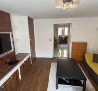 1 izbový 30m2 slnečný byt Zvolen centrum na PRENÁJOM ul. Študentská - Obývacia izba v 1-izbovom byte so sedačkou, TV a podlahou s dreveným dekorom.