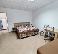 Na predaj zabehnutý ubytovací objekt – Privát - Podhájska - Izba v rodinnom dome s podlahou s dreveným dekorom, posteľami a stolom.