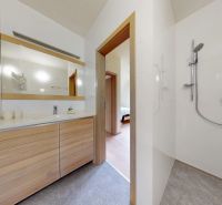 Pripravujeme do ponuky jedinečný apartmánový bytový dom Donovaly  - Kúpeľňa v Chate s priestrannou sprchou a umývadlom s drevenými detailmi.