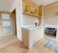 Pripravujeme do ponuky jedinečný apartmánový bytový dom Donovaly  - Interiér chaty s kuchyňou, dreveným dekorom a vstupom do kúpeľne.