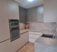 2-izbový moderný byt, s garážovým státím  novostavba, Coboriho ulica - Kuchyňa v 2-izbovom byte s podlahou s dreveným dekorom a vstavanými spotrebičmi.