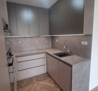 2-izbový moderný byt, s garážovým státím  novostavba, Coboriho ulica - Kuchyňa s podlahou s dreveným dekorom v 2-izbovom byte, sivé skrinky, vstavaná rúra.