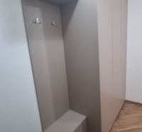 2-izbový moderný byt, s garážovým státím  novostavba, Coboriho ulica - Dvojfarebná vstavaná skriňa a vešiaky na podlahe s dreveným dekorom v 2-izbovom byte.