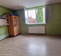 Rodinný dom s veľkorysou prístavbou v obci Parchovany - Izba v rodinnom dome s podlahou s dreveným dekorom, zelenými stenami a nábytkom.