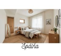Rodinný dom s veľkorysou prístavbou v obci Parchovany - Spálňa v rodinnom dome s podlahou s dreveným dekorom a jednoduchým zariadením.