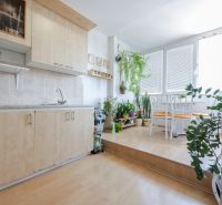 Na predaj 4 izbový byt - SKVELÁ LOKALITA - Bratislava - Kuchyňa v 4-izbovom byte s podlahou s dreveným dekorom a množstvom rastlín.