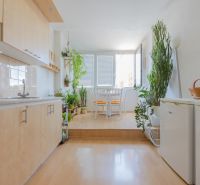 Na predaj 4 izbový byt - SKVELÁ LOKALITA - Bratislava - Kuchyňa s jedálenským kútom a podlahou s dreveným dekorom v 4-izbovom byte plnom rastlín.