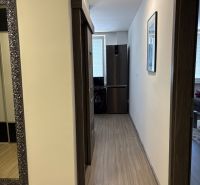Ponúkame na predaj veľký 2 i byt v Nových Zámkoch, ul. Šafárikova ! - Chodba v 2-izbovom byte s podlahou s dreveným dekorom a zrkadlom na stene.