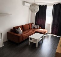 REZERVOVANÝ - Na predaj priestranný 2-izbový byt s balkónom, klímou... - Obývacia izba s tmavou podlahou s dreveným dekorom, sedačkou a konferenčným stolíkom v 2-izbovom byte.