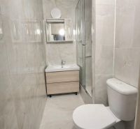 Na predaj Priestranný 2-izbový byt s balkónom v Šali  - Kúpeľňa v 2-izbovom byte s umývadlom, sprchovým kútom a toaletou.