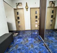 Na predaj Priestranný 2-izbový byt s balkónom v Šali  - Chodba 2-izbového bytu so živou modrou podlahou a drevenými dverami.