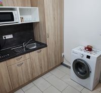 Na prenájom 1 izbový byt v Komárne - Kuchyňa v 1-izbovom byte s umývadlom, práčkou a mikrovlnkou, podlaha s dekorom dreva.