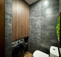 3-izbový byt | 79 m² | Komárno – sídlisko gen. Klapku - Kúpeľňa s práčkou, toaletou a podlahou s dreveným dekorom v 3-izbovom byte.