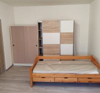 Pekný 1 izbový byt s balkónom na prenájom - 1-izbový byt s posteľou, skriňami a podlahou s dreveným dekorom.