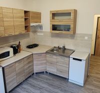 Pekný 1 izbový byt s balkónom na prenájom - Kuchyňa v 1-izbovom byte s podlahou s dreveným dekorom a svetlým nábytkom.