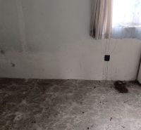 Na predaj starší rodinný dom s podkrovím v obci Gbelce - Izba s oknom, záclonou a ohrievačom v rodinnom dome s opotrebovanou podlahou.