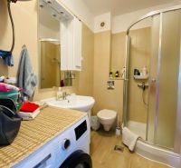 Brač(HR)- zariadený apartmán s výhľadom na more - Kúpeľňa s práčkou, sprchovacím kútom a podlahou s dreveným dekorom v rekreačnom apartmáne.