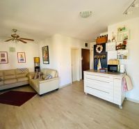 Brač(HR)- zariadený apartmán s výhľadom na more - Rekreačný apartmán so svetlou obývacou časťou, pohodlnou sedačkou a podlahou s dreveným dekorom.