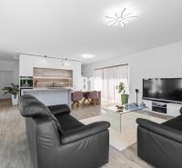 1 255 m² a 9 izieb I Priamo pri prírodnej rezervácii Šúr, len 15 minút - Obývacia izba s čiernou koženou sedačkou, kuchynským ostrovčekom a podlahou s dreveným dekorom.