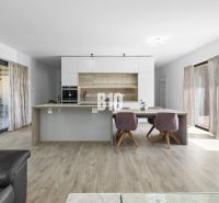 1 255 m² a 9 izieb I Priamo pri prírodnej rezervácii Šúr, len 15 minút - Kuchyňa v rodinnom dome s ostrovčekom, podlahou s dreveným dekorom a veľkými oknami.