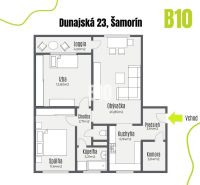 PRÍJEMNÝ 3-IZBOVÝ BYT S LOGGIOU V ŠAMORÍNE ul.Dunajská - Pôdorys 3-izbového bytu na Dunajskej ulici v Šamoríne so vstupom a loggiou.