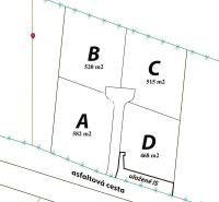Stavebný pozemok, IS na pozemku - Nové Sady, Nitra - Pozemky na bývanie v Nových Sadoch: štyri parcely (A, B, C, D) pri asfaltovej ceste.