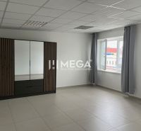 Na prenájom - kancelária na ul. Tolstého v meste Humenné - Kancelária s dlažbou, veľkým zrkadlovým šatníkom a oknami s šedými závesmi.