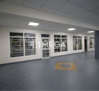 Na prenájom - priestor 185 m2 v centre mesta Humenné - Obchodné priestory s presklenými dverami a modrými dlaždicami, podlaha s dekorom.