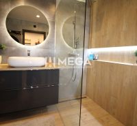REZERVOVANÝ PRÉMIOVÝ 3-IZBOVÝ BYT S VÝHĽADOM 77 m² v Humennom - Kúpeľňa so sprchovacím kútom a umývadlom v 3-izbovom byte s podlahou s dreveným dekorom.